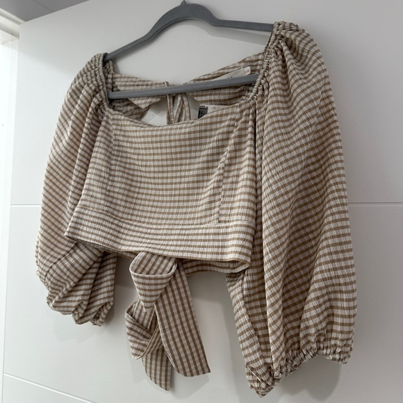Lush Tan & White Gingham Puff Sleeve Crop Top | NWT Size M - Picture 8 of 12
